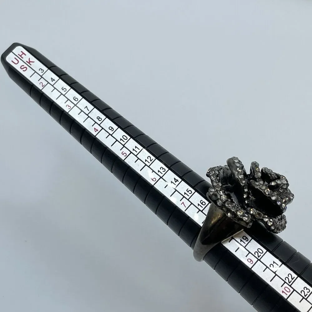 Blackened Metal Rose Shape Heavy Ring Gray Rhinestones Statement Bold Chunky  8
